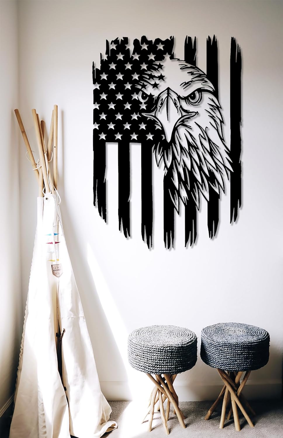 Benziso American Eagle Metal Wall Art Patriotic Decor American Flag Wall Decor Fourth of July Decorations for Home Office Living Room Indoor Outdoor (Black 11.2 x 16.6 In)
