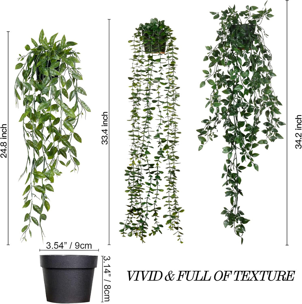 Sggvecsy Fake Hanging Plants 3 Pack Artificial Eucalyptus Fake Potted Greenery Faux Eucalyptus Mandala Vine Pea Pod for Home Indoor Outdoor Wall Garden Wedding Decor