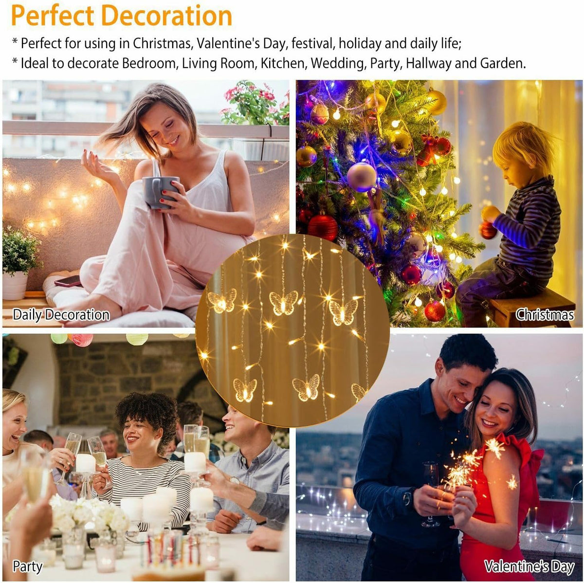 Lainin USB Powered 13FT 96 LED Curtain Lights 18 Butterflies Twinkle Lights 8 Modes Fairy Light Strip for Party Indoor Outdoor Room Garden Wedding Christmas Xmas Decor (Warm White)