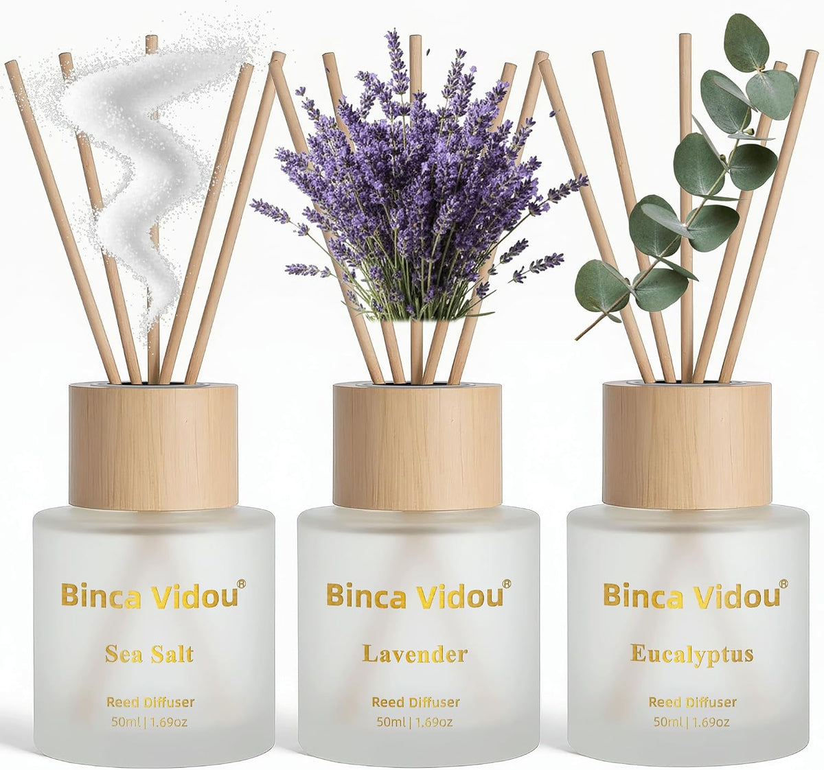 Reed Diffuser Set, Binca Vidou Lavender, Eucalyptus & Sea Salt 1.69oz x 3
