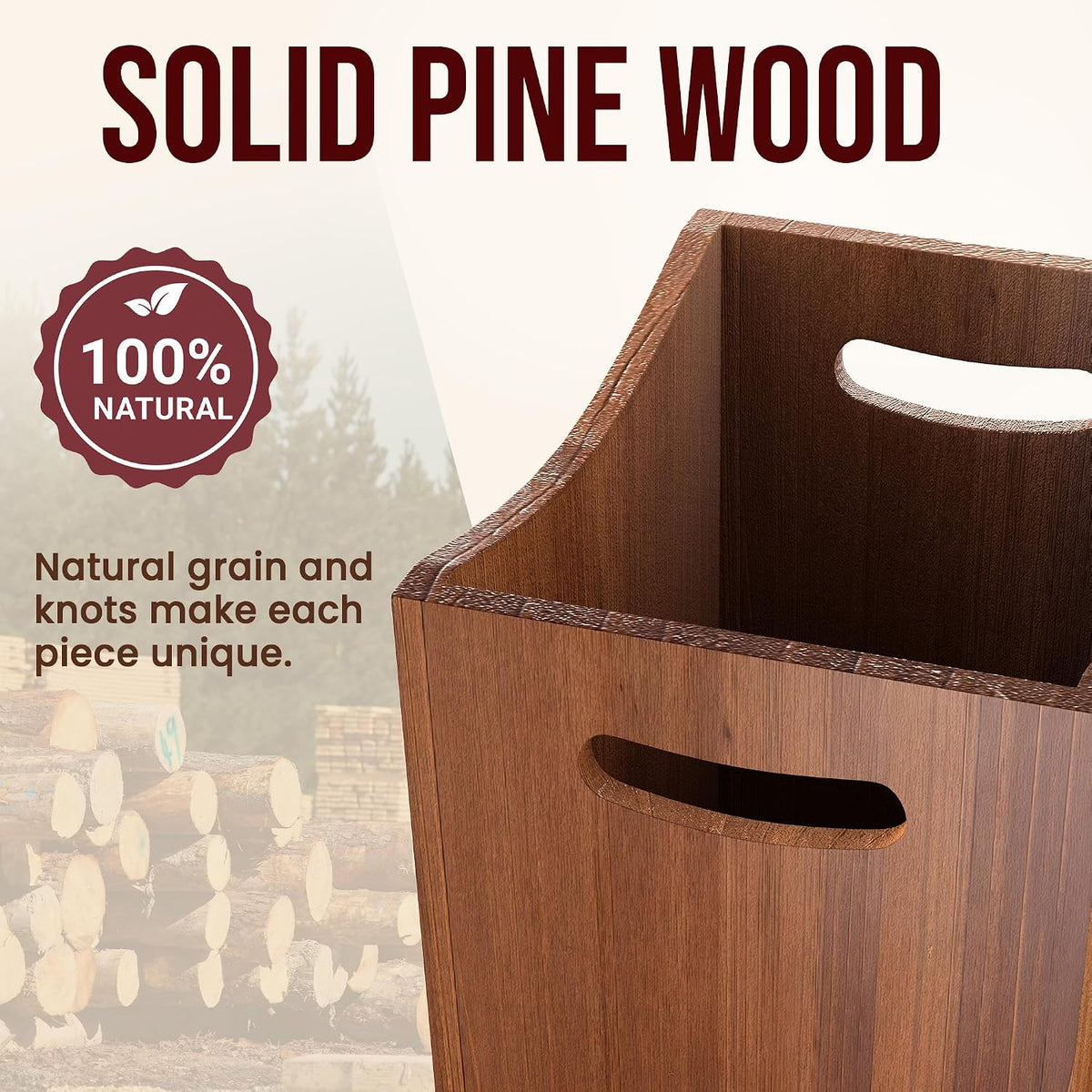 Wood Waste Basket, 2 Gallon Rectangular Trash Can with Handles