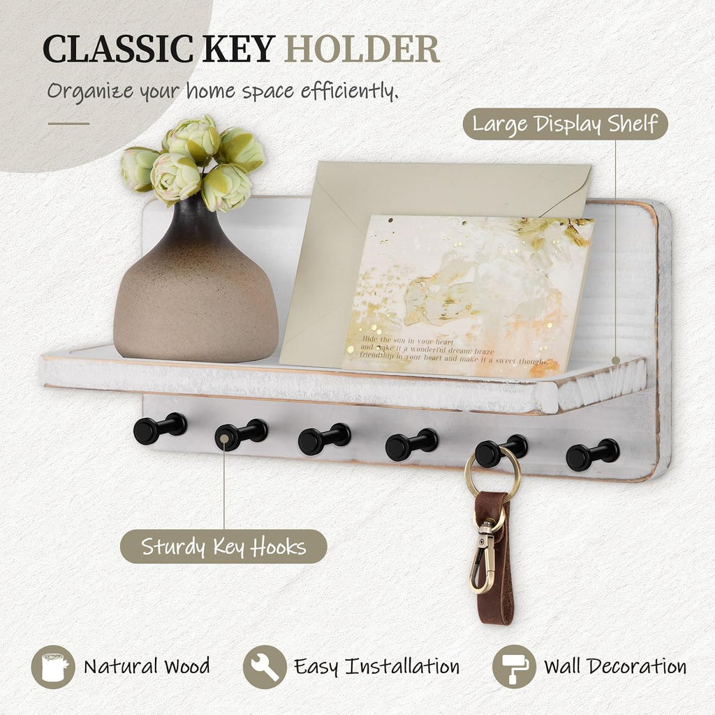 Nekon Key Holder for Wall with Shelf, Pine Wooden Key Hanger, Rustic White