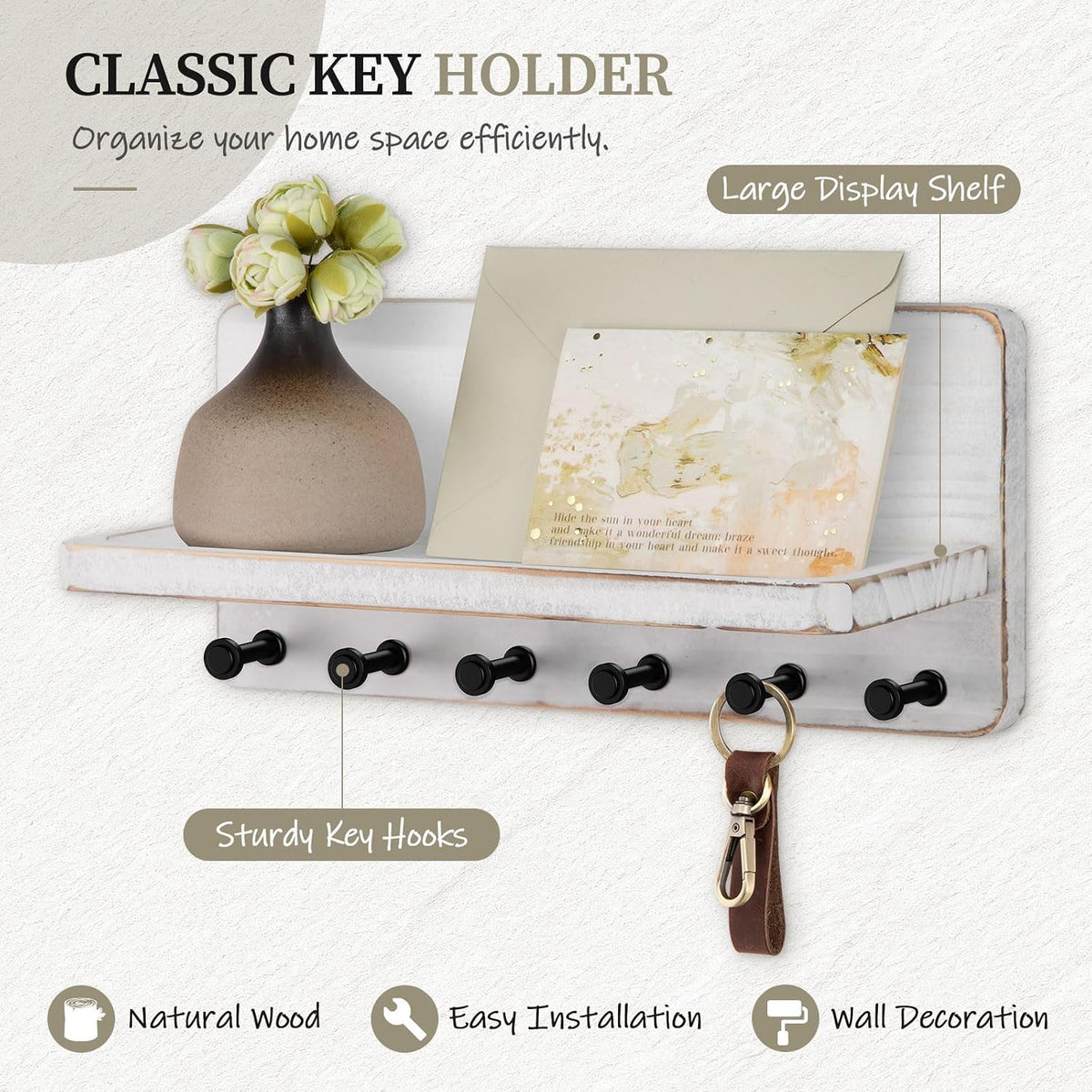 Nekon Key Holder for Wall with Shelf, Pine Wooden Key Hanger, Rustic White