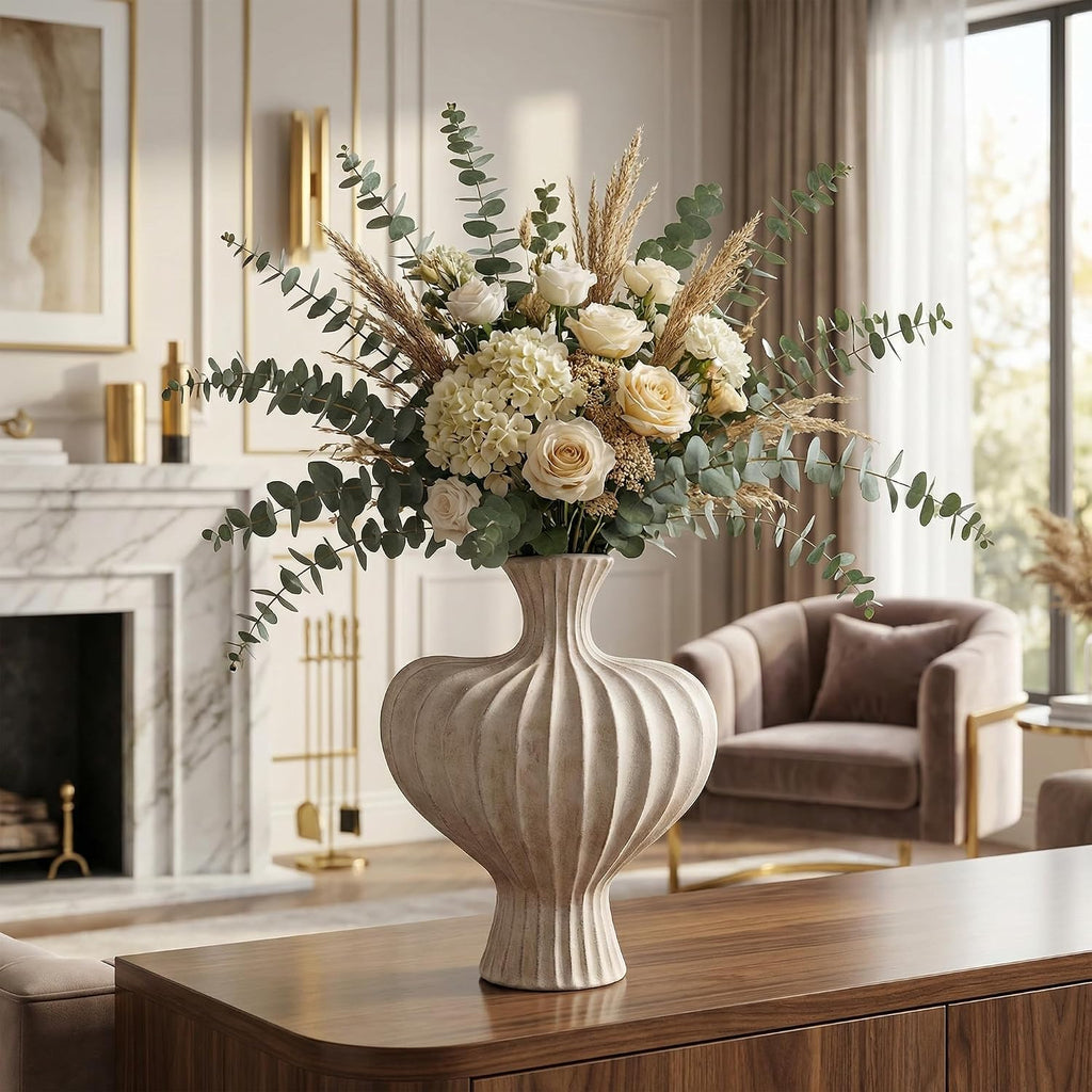 Ceramic Flower Vase Home Decor,11" Rustic Vintage Clay Beige Heart Terracotta Vases Farmhouse Table Vases Living Room Decor Pottery Pots for Home Shelf Coffee Dining Desk Fireplace