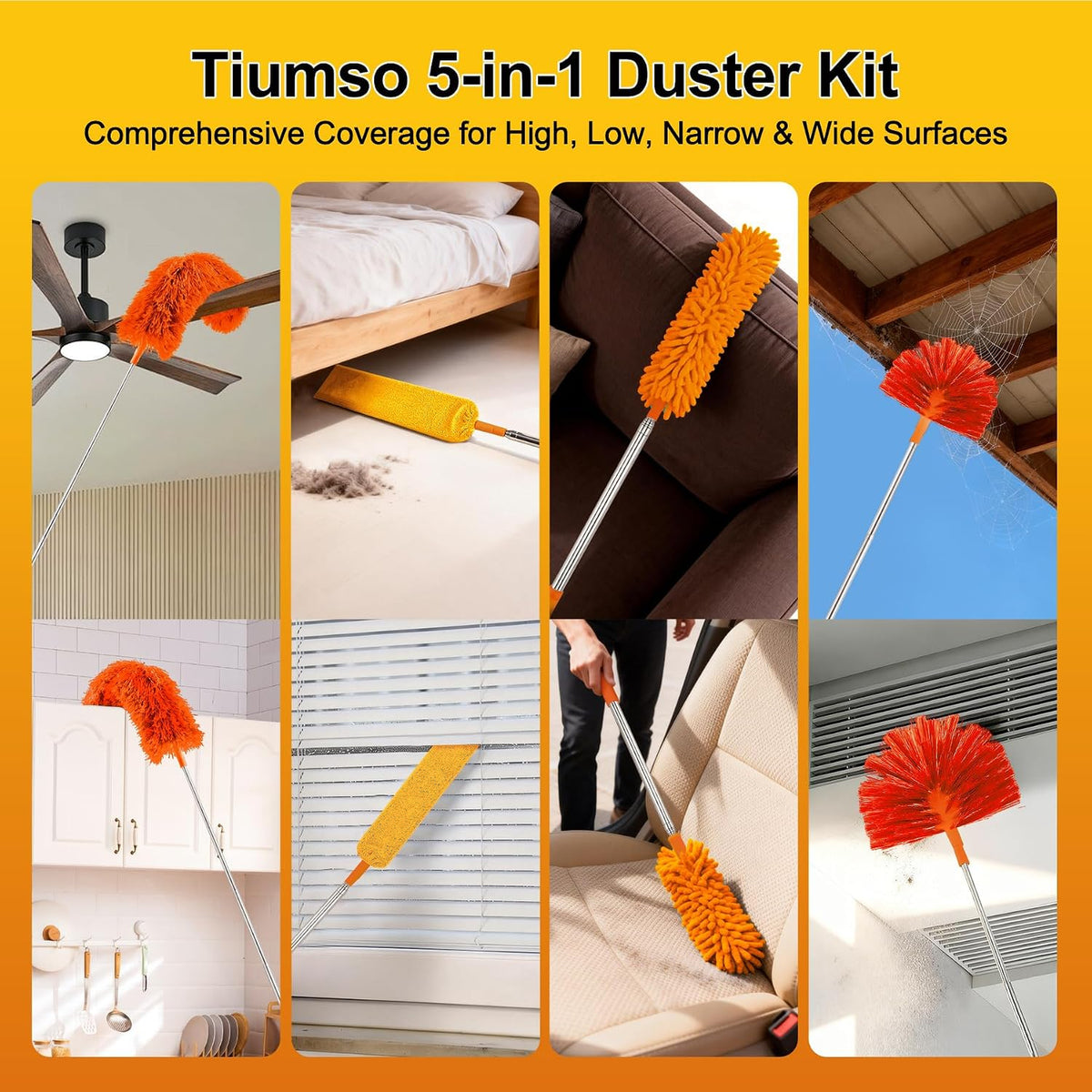 Tiumso 5-in-1 Duster with Extension Pole 100” Extendable Dusters for Cleaning Reusable Anti-Spin Dusting Kits for High Ceiling Fans, Cobwebs & Vents, Reinforced Stainless Steel Telescopic Handle