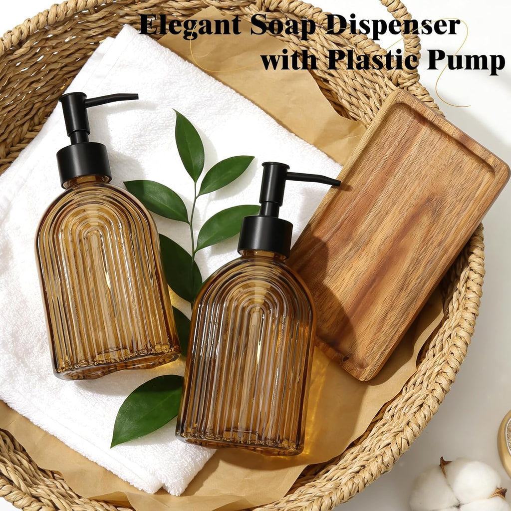 Glass Soap Dispenser Set with Wooden Tray, 11.6Oz Refillable Liquid Modern Soap Dispenser with Plastic Pump for Hand and Dish Set for Bathroom Countertop Decor (Amber)