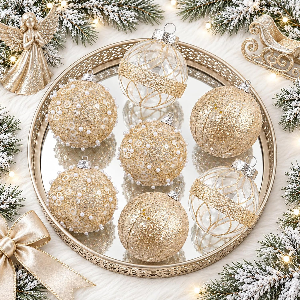 XmasExp Christmas Ball Ornament Set-Shatterproof Clear Pastic Tree Decorations Xmas Hanging Ornament for Xmas Party (Champagne Gold, 70mm/2.75")