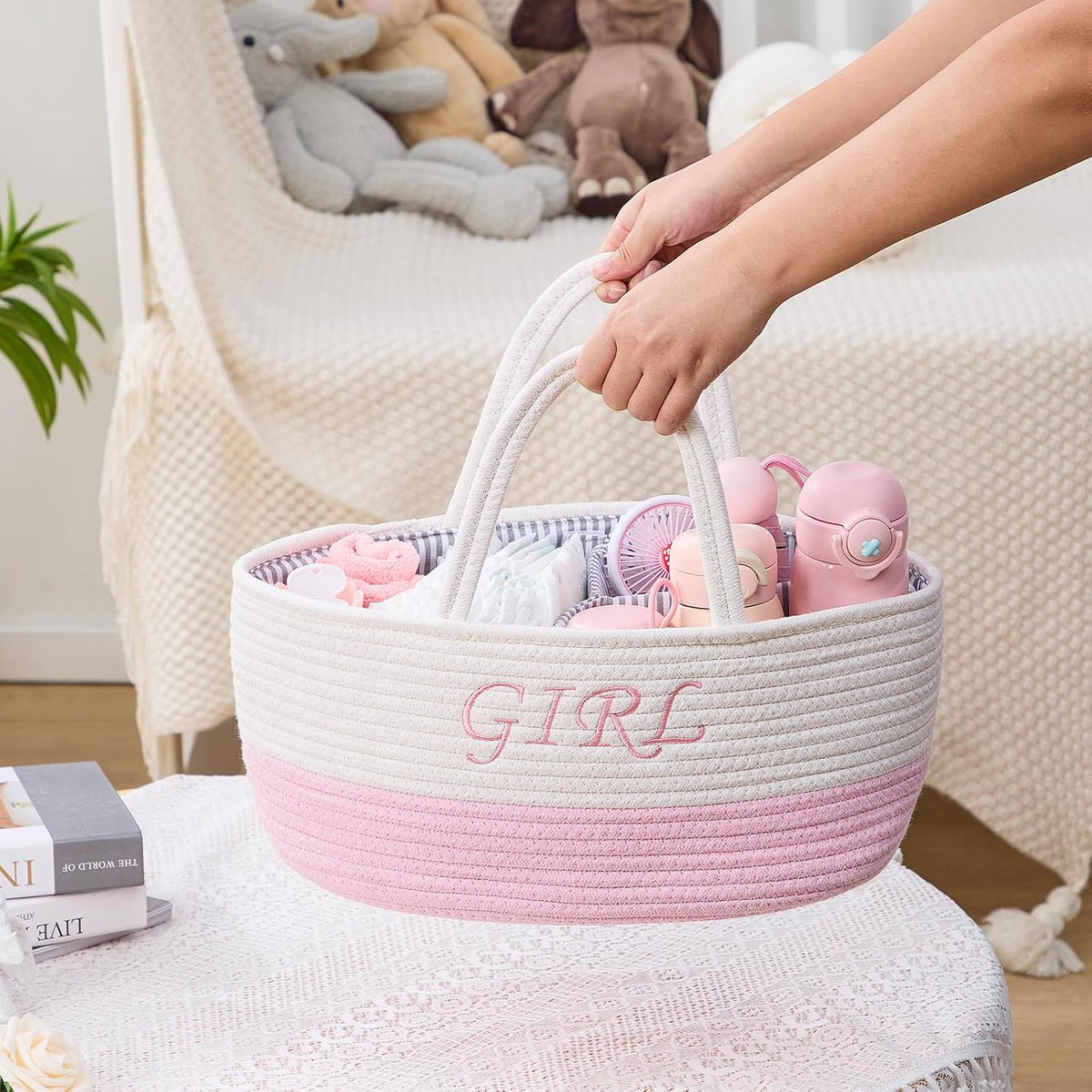 DUHEL Diaper Caddy Organizer with Handle (White＆Pink)