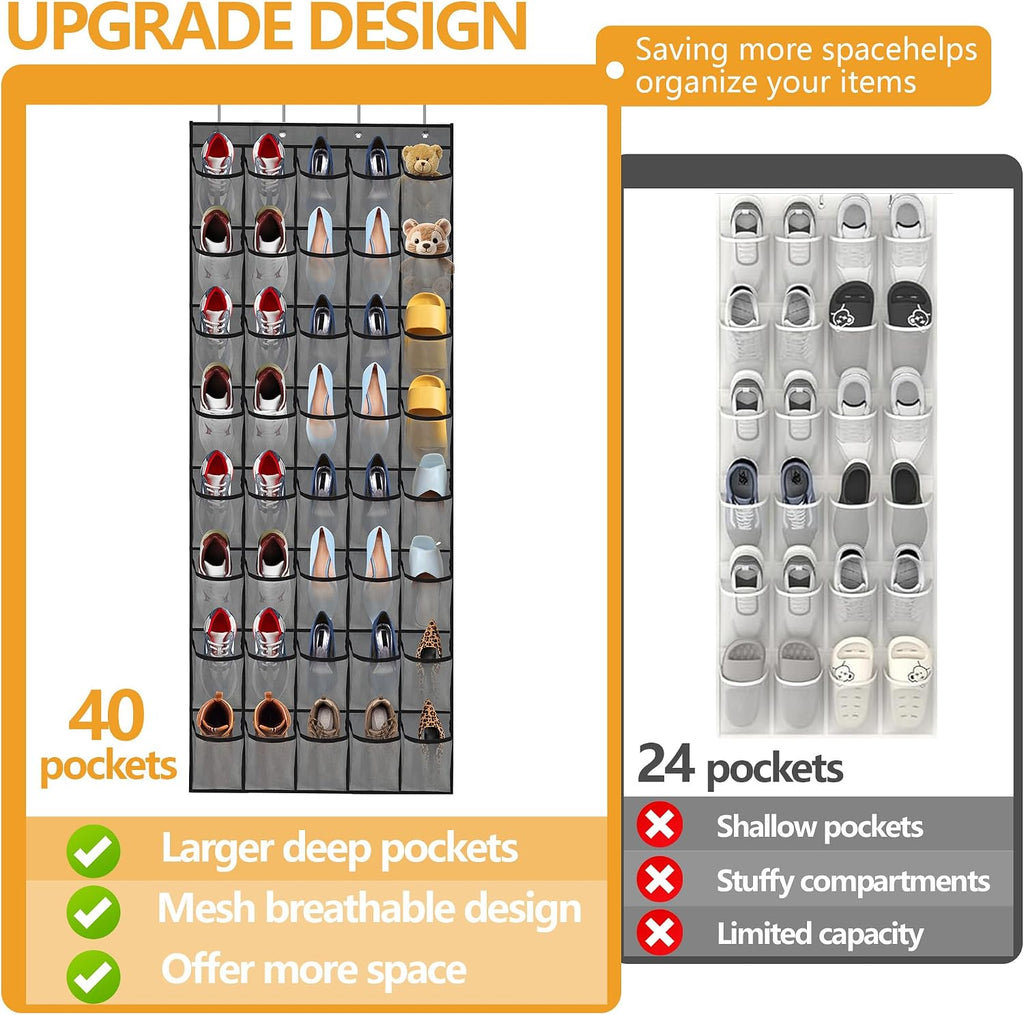Over the Door Shoe Organizer, 40 Large Mesh Pockets Hanging Shoe Rack Organizer for Closet Behind The Door Storage Holder for Entryway Bedroom Dorm Gray
