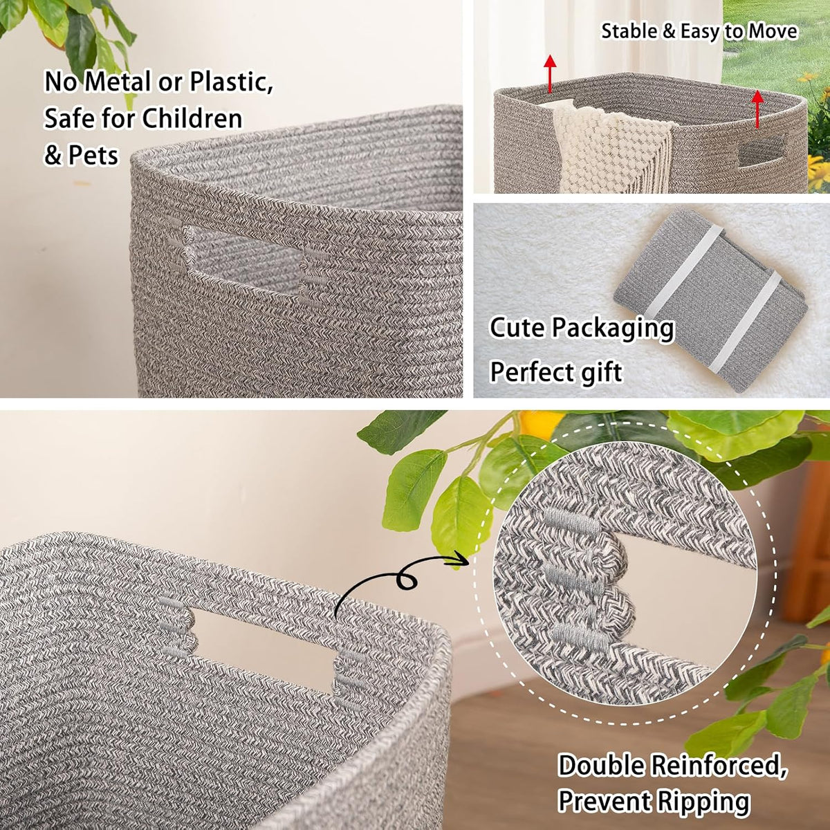 OIAHOMY Laundry Hamper Laundry Basket Rectangle Cotton Storage Basket Grey