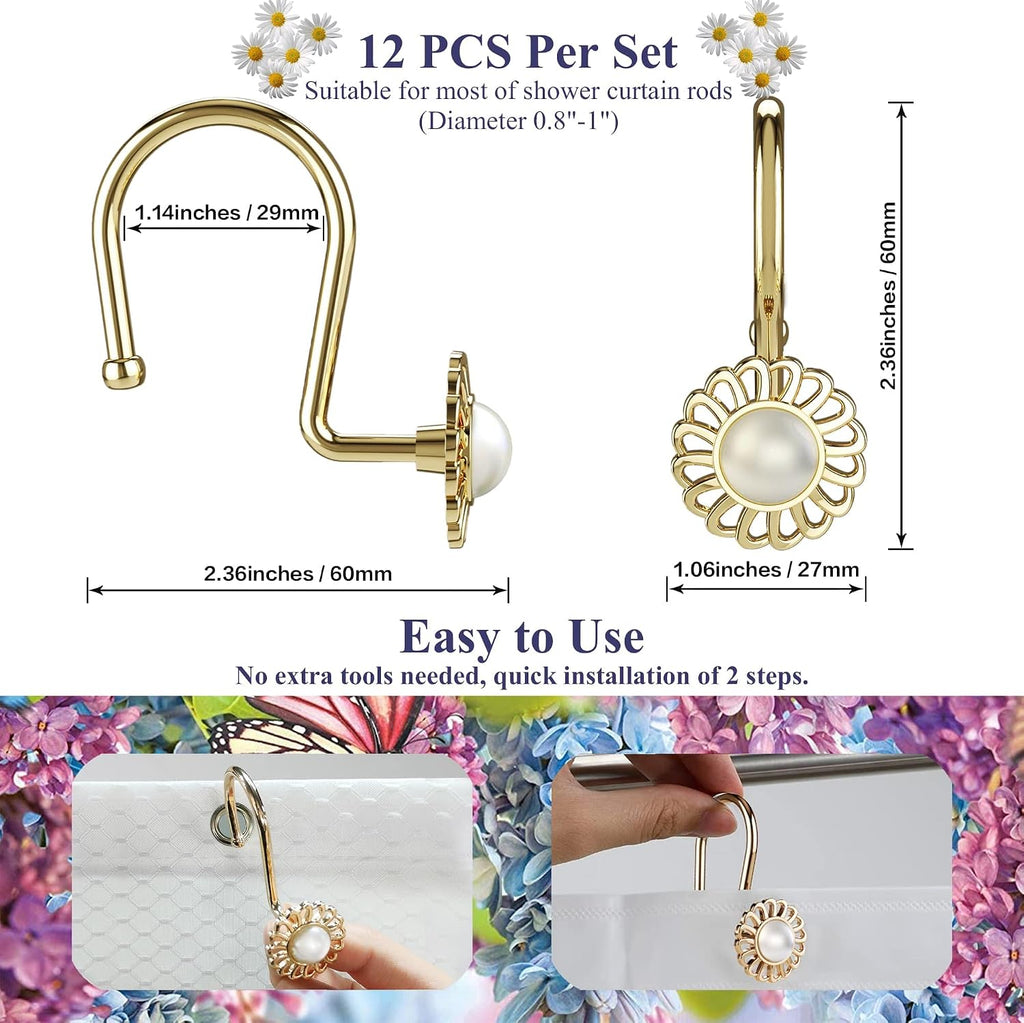 Gold Shower Curtain Hooks Rings, Decorative Shower Curtain Hangers, Heavy Duty Metal Shower Rings, Sunflower Shower Hooks for Shower Curtain Rod and Liner, Bathroom Curtain Hooks, Luxury Gold, iToplin