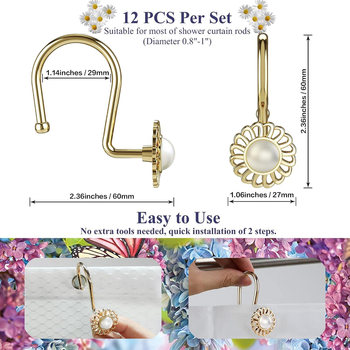 Gold Shower Curtain Hooks Rings, Decorative Shower Curtain Hangers, Heavy Duty Metal Shower Rings, Sunflower Shower Hooks for Shower Curtain Rod and Liner, Bathroom Curtain Hooks, Luxury Gold, iToplin