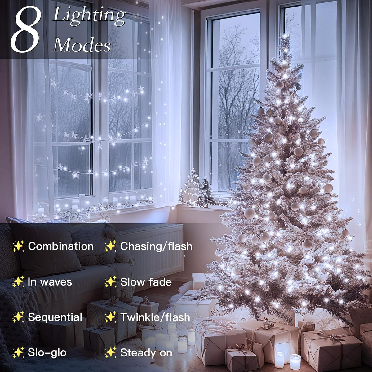 66FT 200 LED Christmas Tree Lights, Bright Cool White Outdoor Christmas String Lights for House, Fairy Lights with 8 Modes, Waterproof & Durable Indoor Outdoor Decor, Timer Included