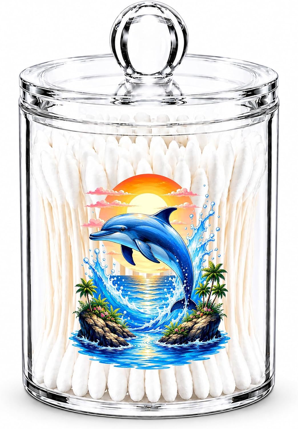 Dolphin Cotton Swab Holder with Lid Clear Acrylic Ocean Apothecary Jar