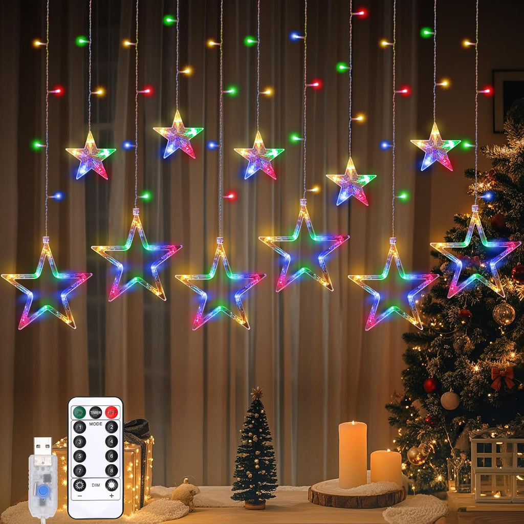 Lewondr 138 LED Christmas Star String Curtain Light with 6H Timer & 8 Modes