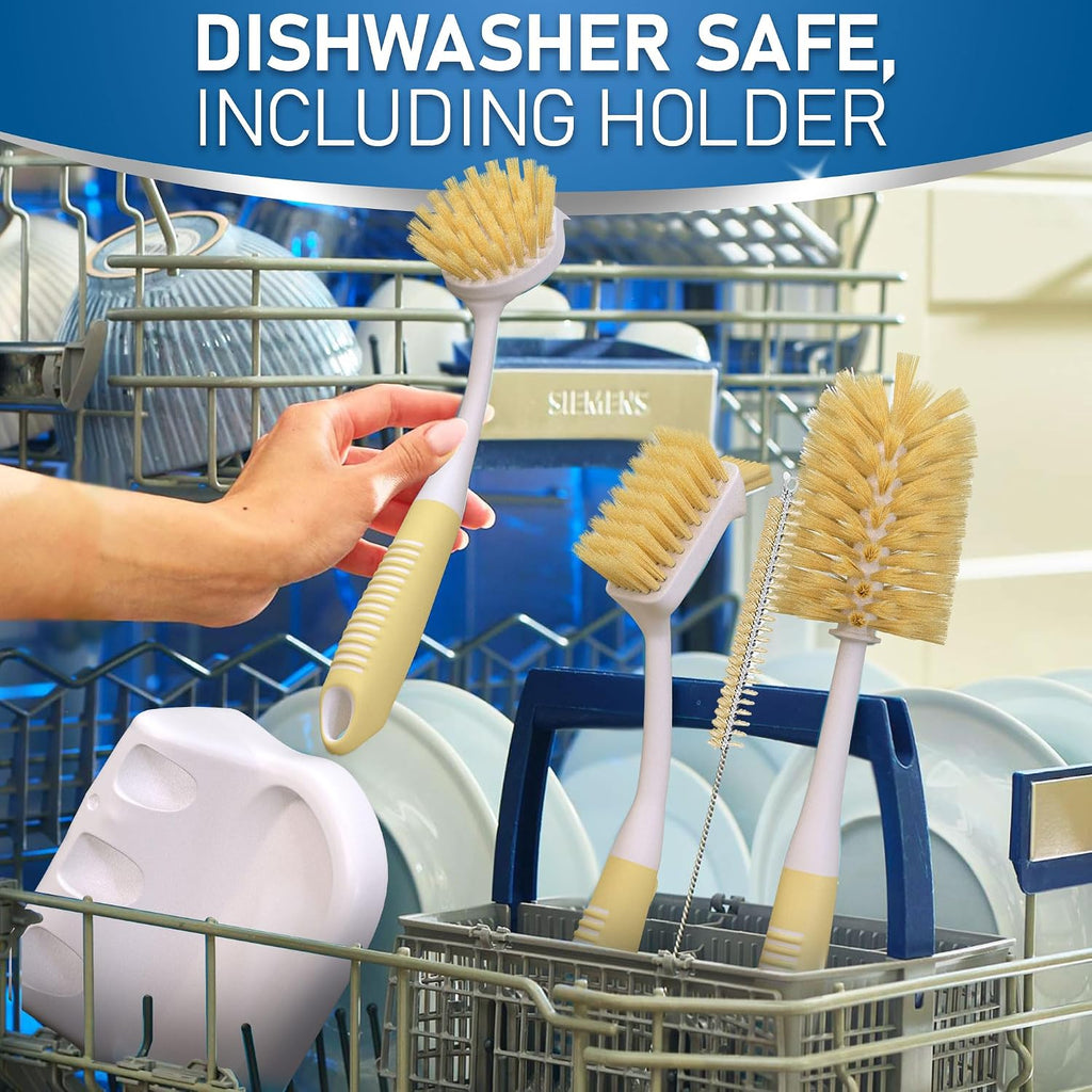 Dish Brush Set of 5 with Holder - Kitchen Scrub Brushes with Non-Slip Long Handle for Cleaning, Scrubber, Dishwashing, Dishes, Bottles, Straws, Cups, Pots & Sink, Baige