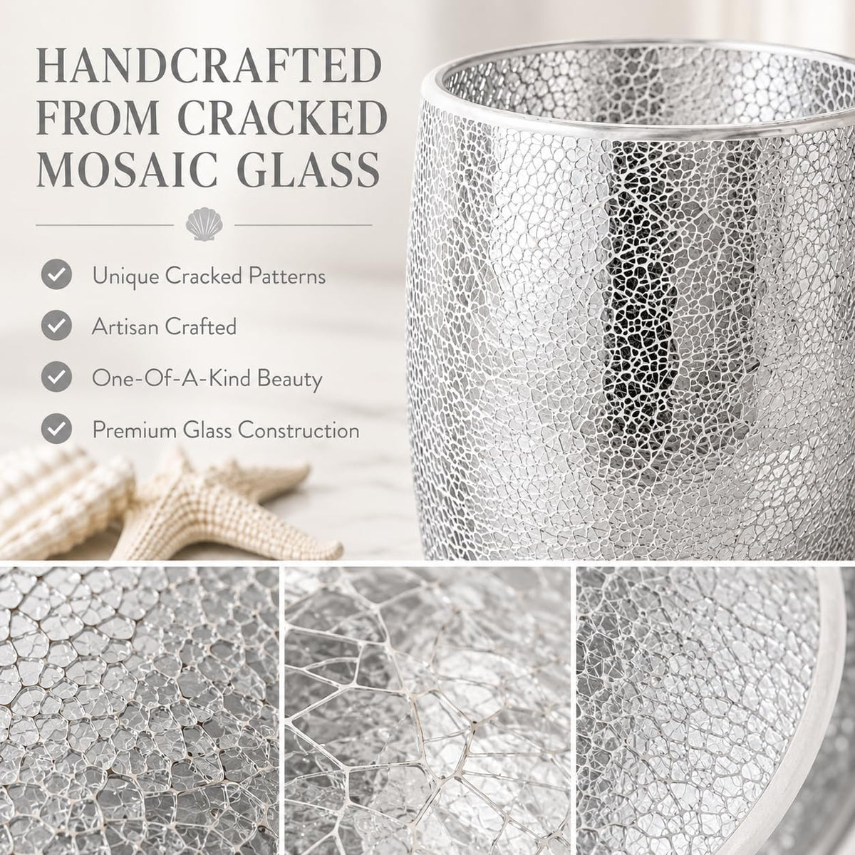 Escenzy Silver Bathroom Trash Can, Handmade Mosaic Glass 1.3 Gal / 5L | Decorative Waste Basket for Bathroom, Bedroom, Office | Luxury Silver Glitter Bathroom Decor | Glam Home Decor Gift