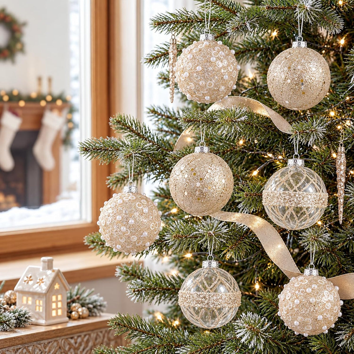 XmasExp Christmas Ball Ornament Set-Shatterproof Clear Pastic Tree Decorations Xmas Hanging Ornament for Xmas Party (Champagne Gold, 70mm/2.75")