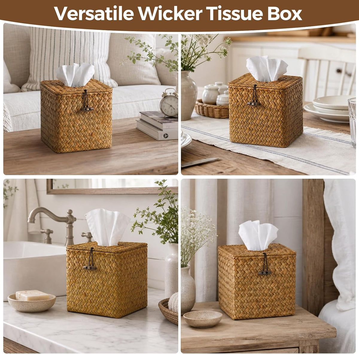 Seagrass Tissue Box Cover Square, Woven Wicker Tissue Box Holder, Orange