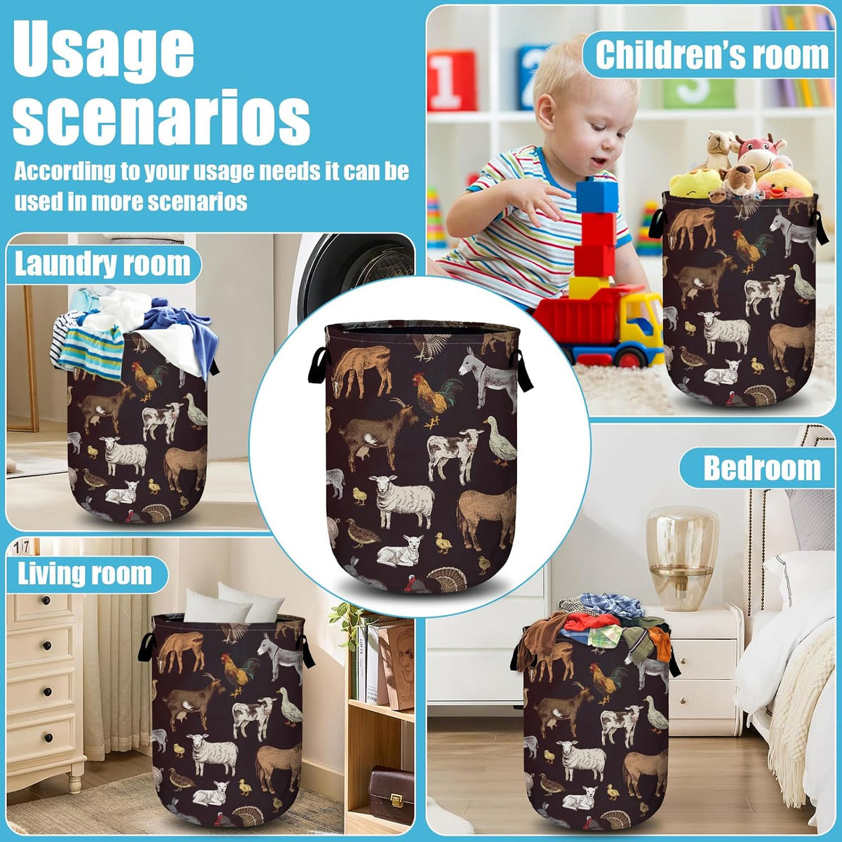 Cute Farm Animals Laundry Basket, Laundry Hamper Collapsible Oxford Cloth with Handle Clothes Storage Bin for Bathroom Laundry Room Bedroom 15.7 X 20 Inch