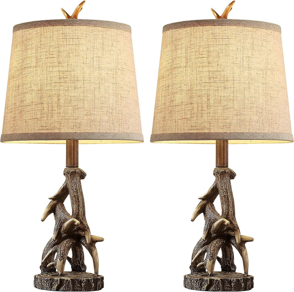 23'' Rustic Farmhouse Table Lamps Set of 2 Deer Antler Lamps for Bedroom Nightstand Lamp Western Cabin Side Lamp for Living Room End Table Study Room Desk,Brown