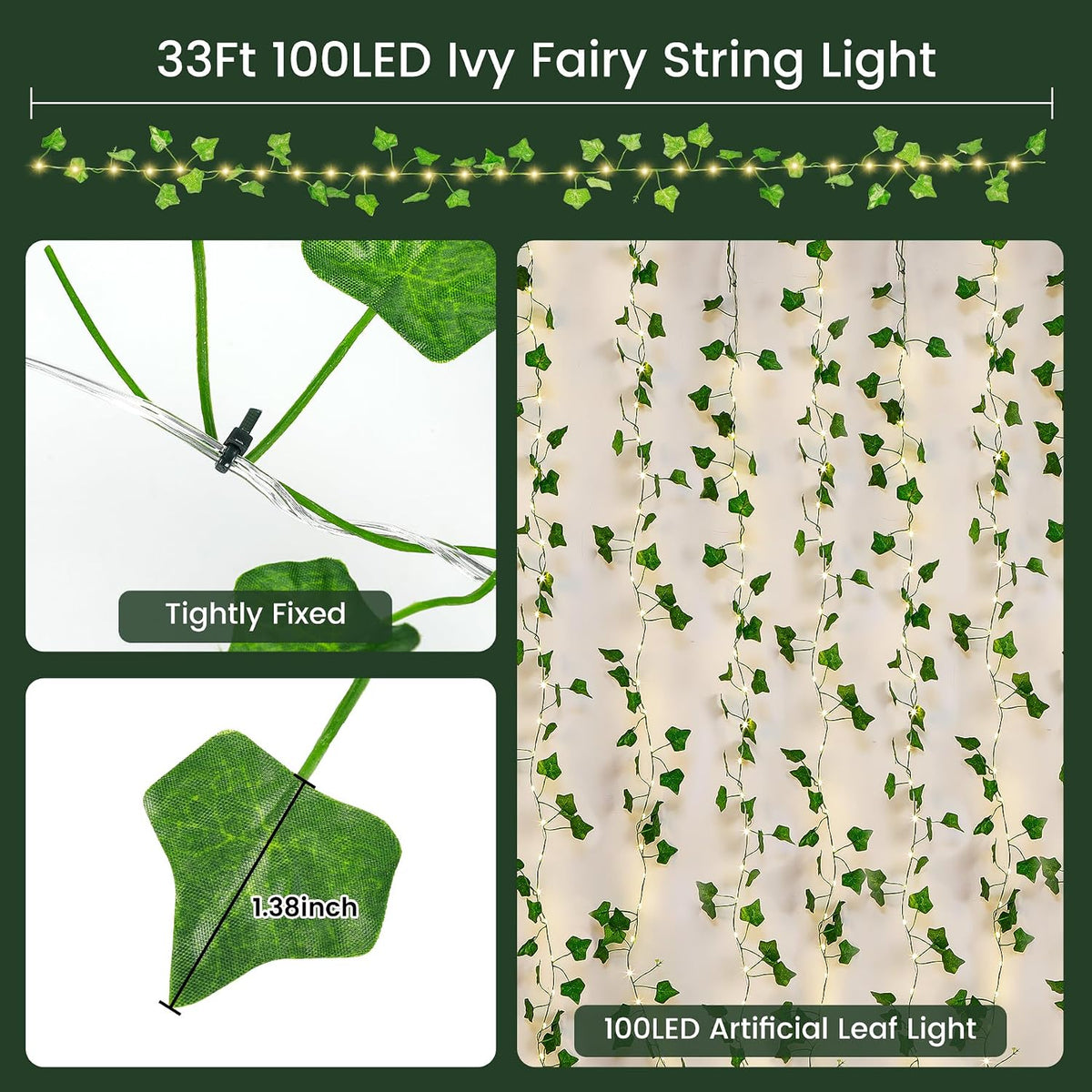 (New) Vines with String Lights, 33ft 100 LED Leaf String Lights, LED Artificial Vines with Fairy Light, 2 Modes Fake Vines Ivy Lights for Bedroom, Wall, Room, Garden, Party Decoration