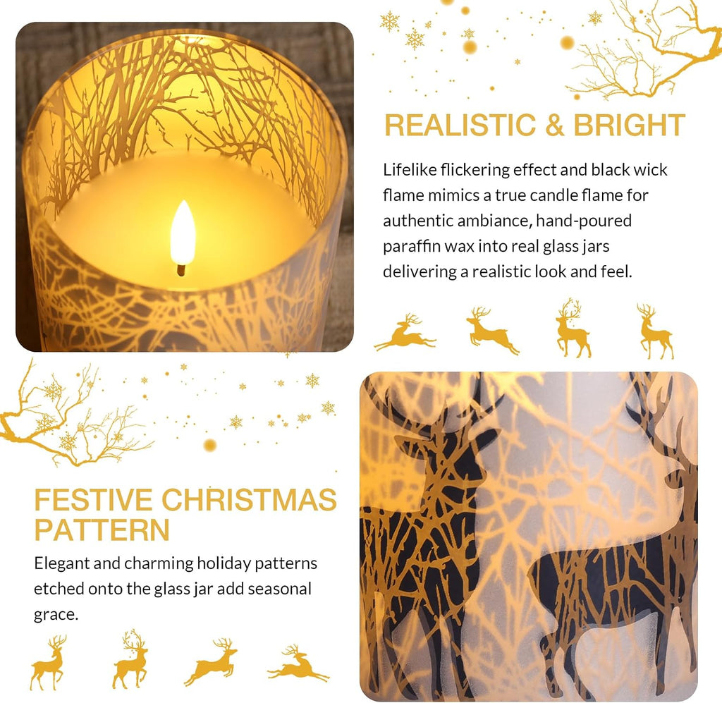 Eywamage Forest Reindeer Glass Flameless Pillar Candles with Remote