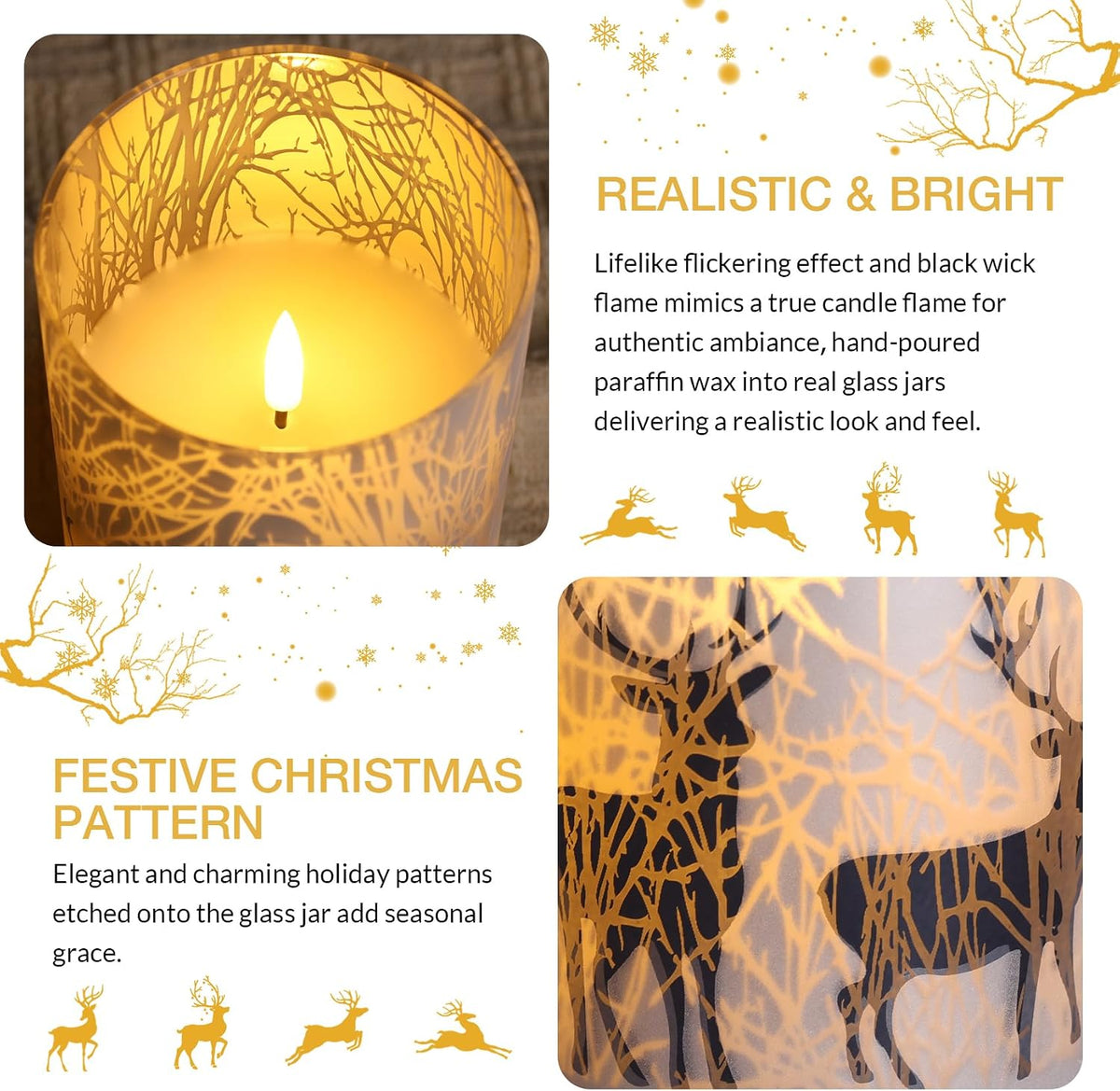 Eywamage Forest Reindeer Glass Flameless Pillar Candles with Remote