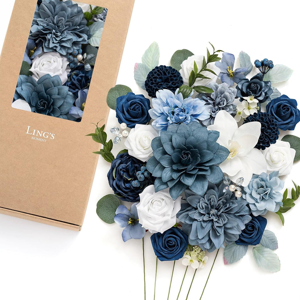 Ling's moment Artificial Wedding Flowers Combo, Dusty Blue & Navy, Deluxe