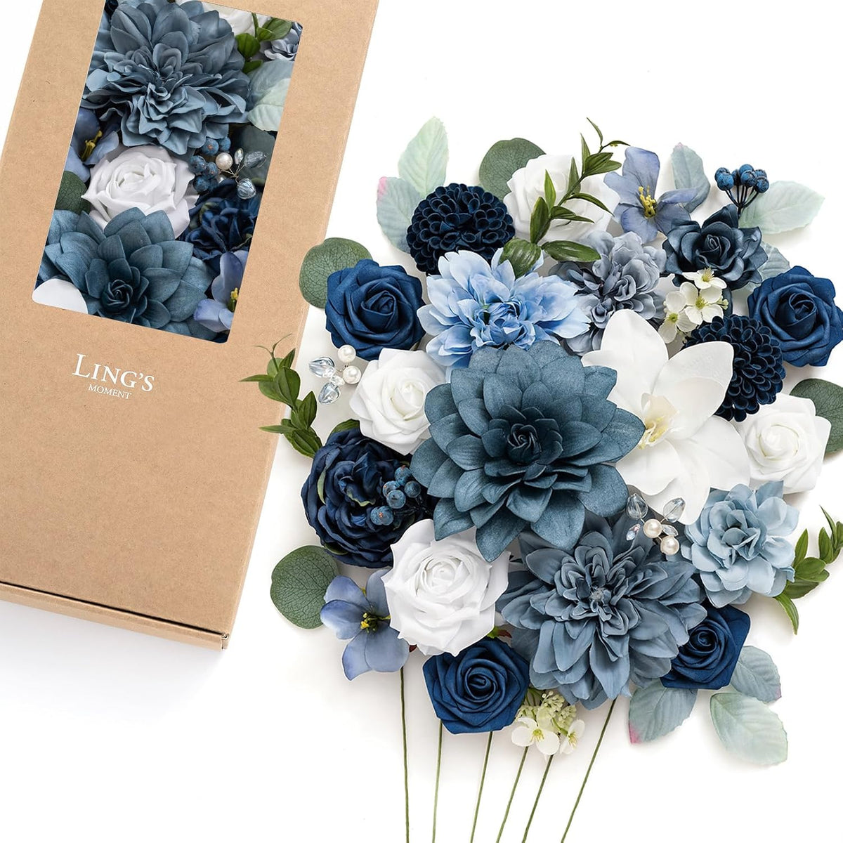 Ling's moment Artificial Wedding Flowers Combo, Dusty Blue & Navy, Deluxe