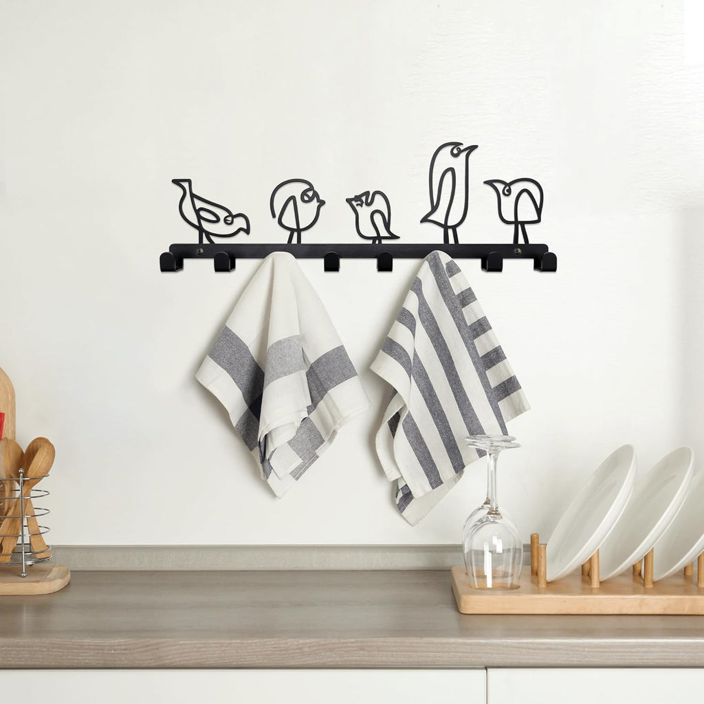 Whimsical Bird Key Holder Wall Hooks - 5 Abstract Bird Coat Hooks, Metal Decorative Wall Organizer for Entryway/Bedroom (12"x5", Black)