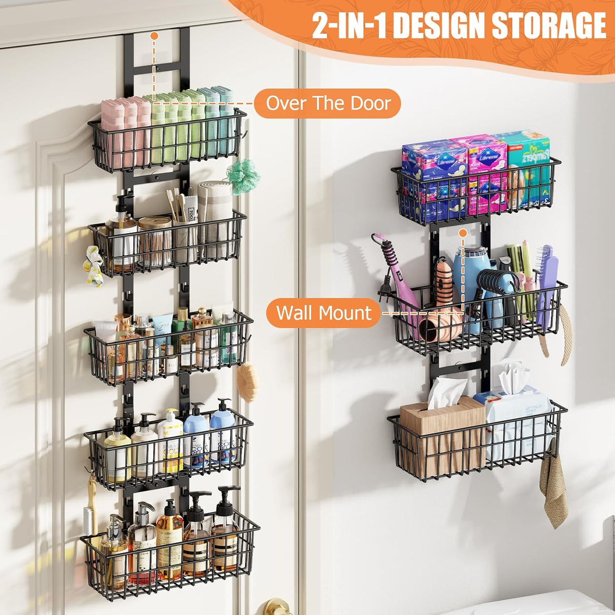 Hongtamoya 8 Tier Over The Door Organizer, Adjustable Hanging Door Organizer with 8 Wire Baskets 6 Hooks, Behind The Door Storage for Pantry Closet Bedroom Bathroom Cabinet Kitchen Laundry Room, Black