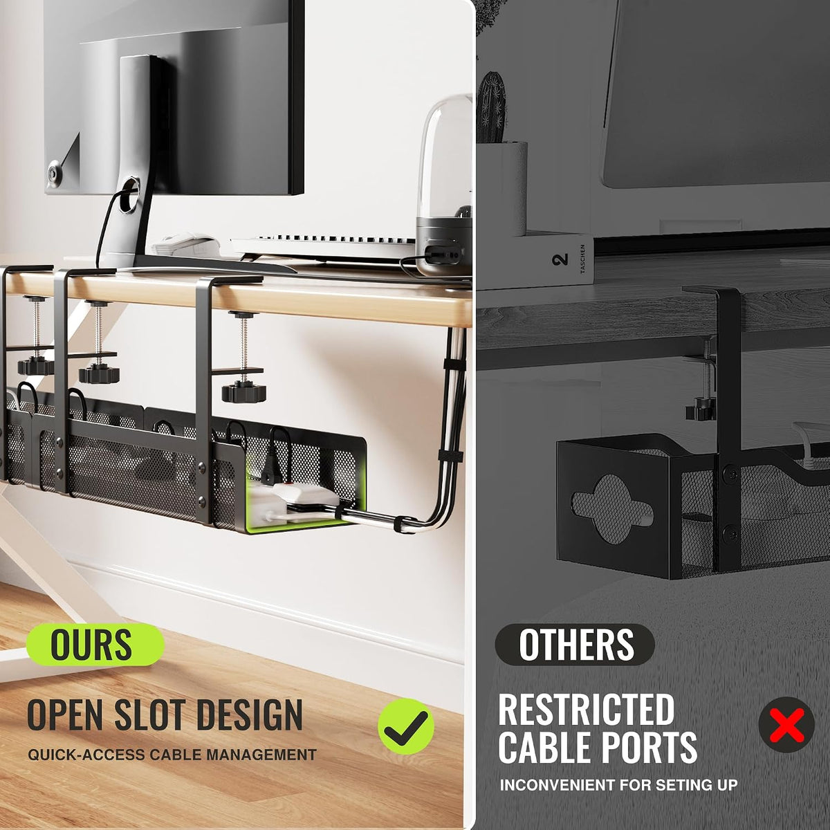 [Upgraded] 2 Pack Cable Management Under Desk Tray, Xpatee 27.6" No Drill Open Slots Cable Management Tray, Cord Wire Organizer Box with Clamp for Table Thickness up to 3" - No Desk Damage(Black)