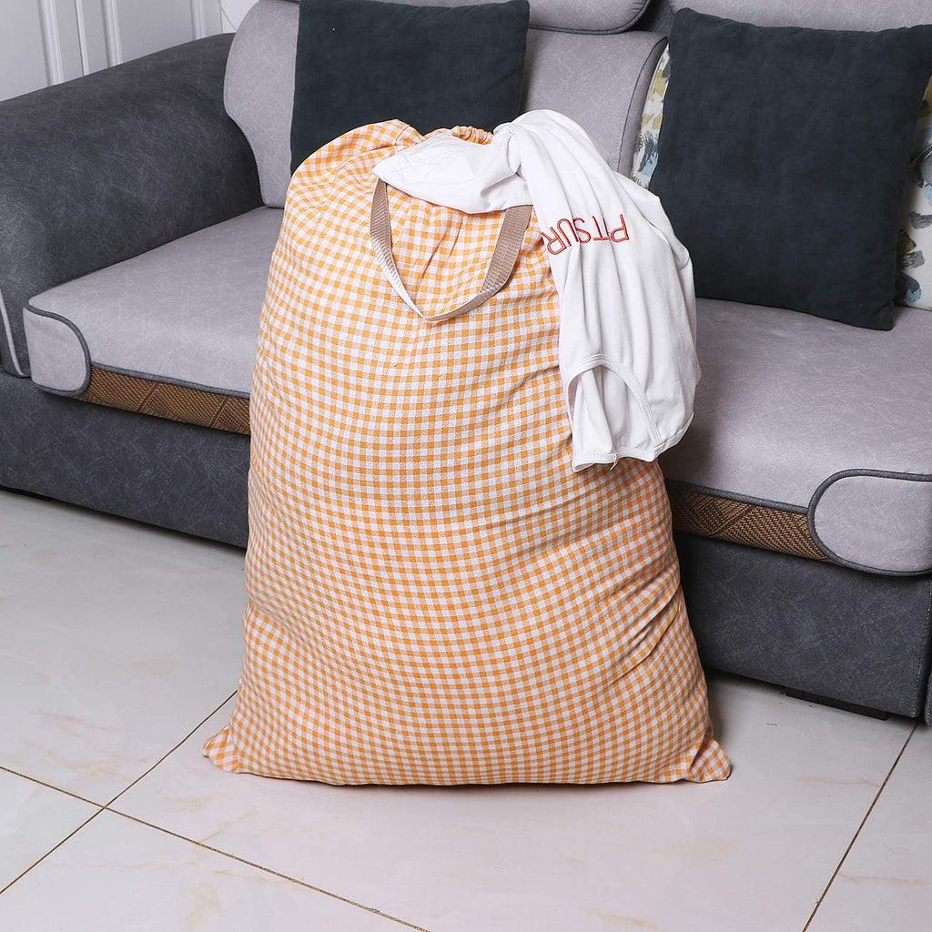 Extra Large Laundry Bag with Drawstring and Handle, Heavy Duty Travel Dirty Clothes Bag for Laundromat and Household, Durable Rip-Stop Laundry Hamper Liner, 28 x 40 Inch, Check Orange
