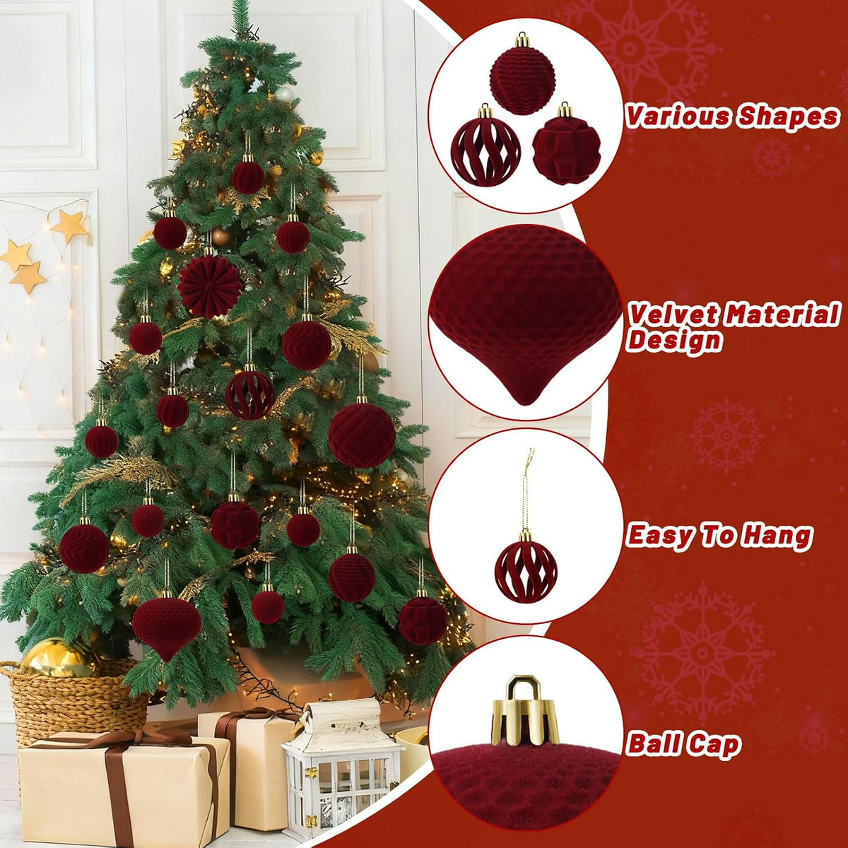 48 Pcs Velvet Christmas Ball Ornaments Set for Xmas Tree Decor(Bourgogne)