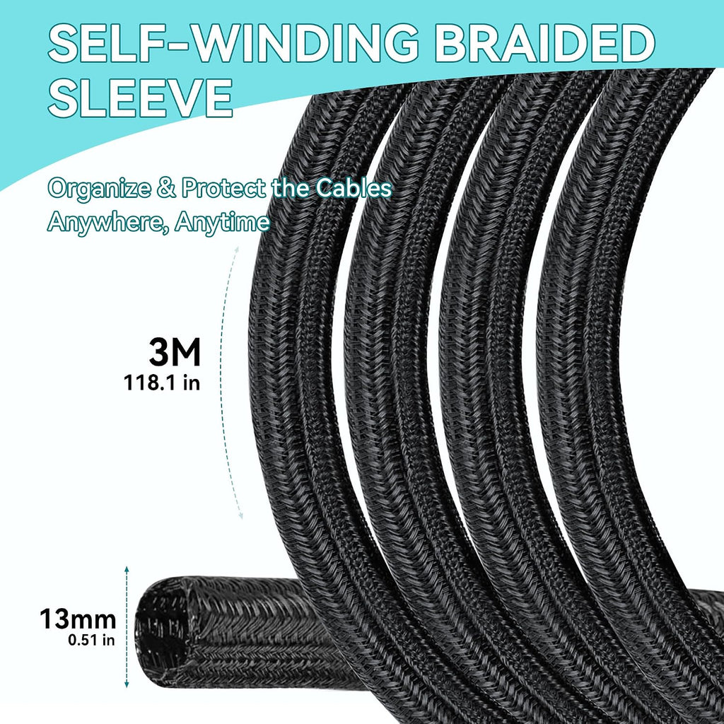 Self-Wrapping Braided Cable Sleeve, 13mm(0.51") Diameter 3M(9.84ft) Cable Management Tube, PET Wire Tidy Organiser for PC TV Home Office, Black