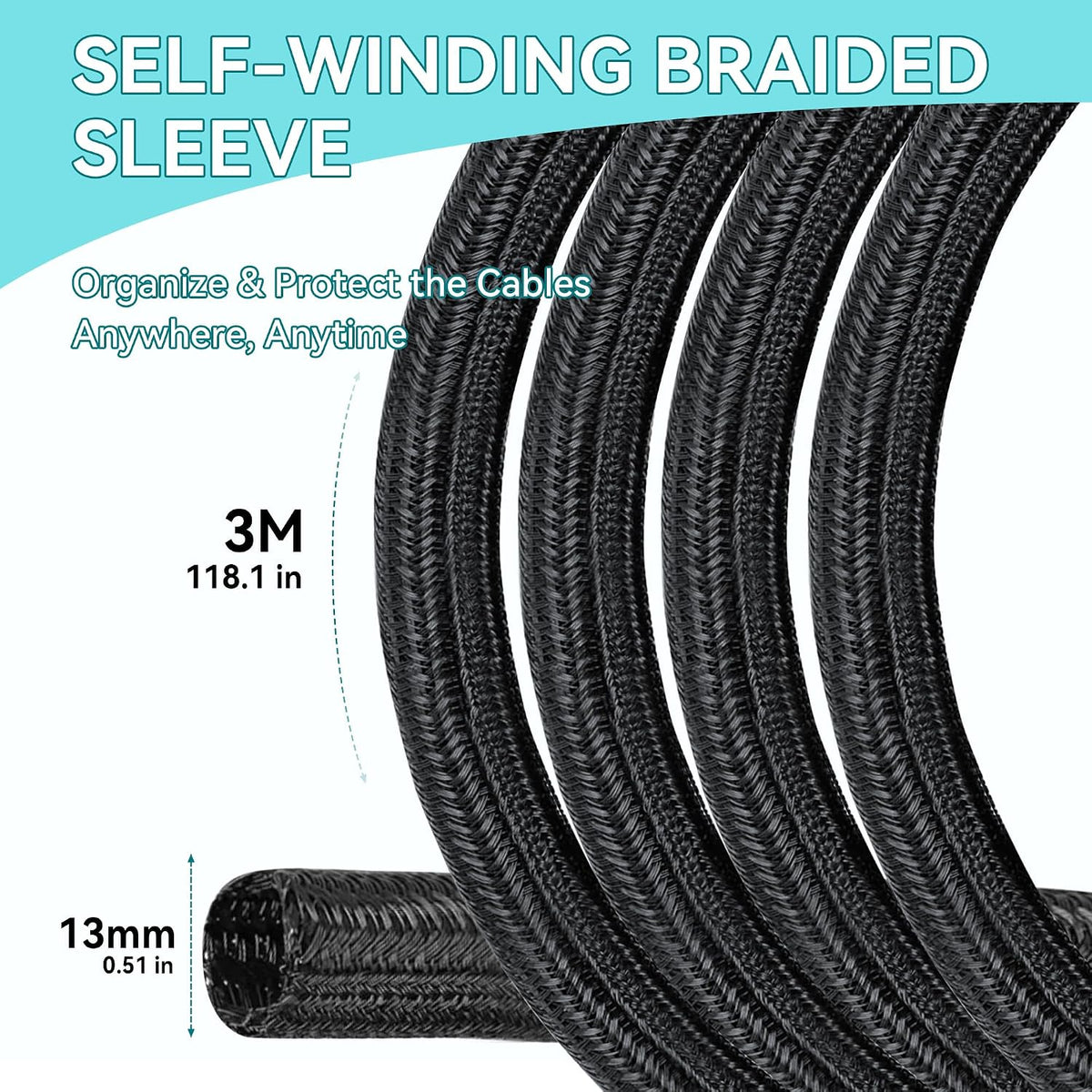 Self-Wrapping Braided Cable Sleeve, 13mm(0.51") Diameter 3M(9.84ft) Cable Management Tube, PET Wire Tidy Organiser for PC TV Home Office, Black