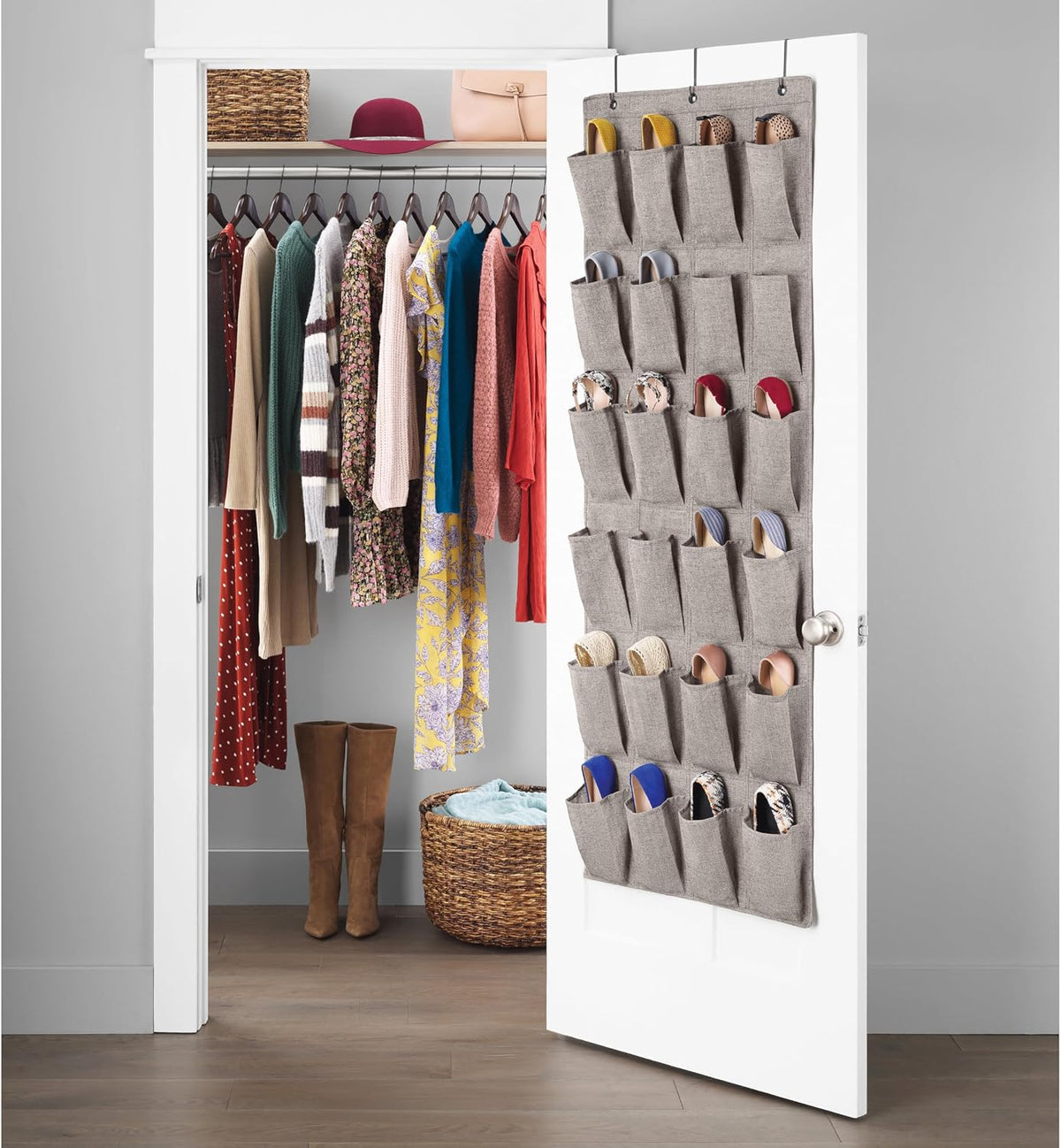 Whitmor 24 Pocket Over The Door Shoe Organizer, 64" x 22", Heavy-Duty Metal Hooks, Multipurpose Storage, Gray