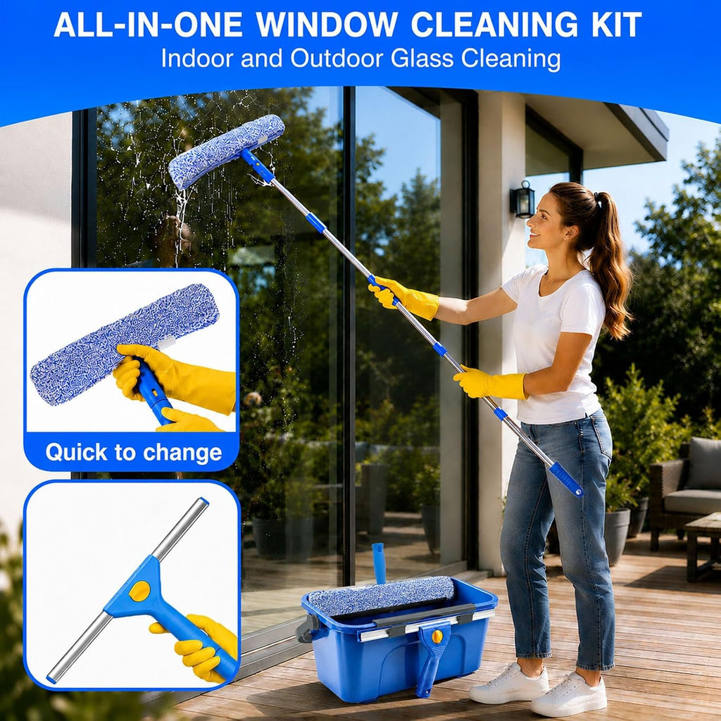 Window Cleaning Kit - 3 Gal Bucket, 15" Microfiber Scrubber & Chenille Sleeve, 14" Squeegee with 79" Extension Pole, Metal Scraper, Indoor & Outdoor Window Tools for Home & Commercial Use