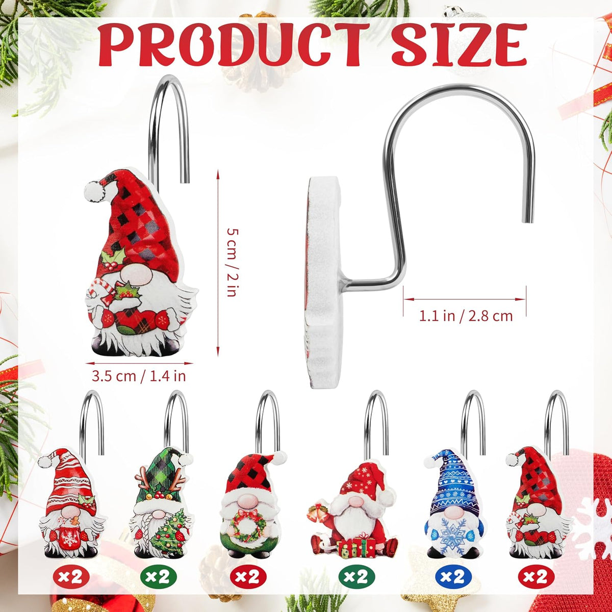 12 Pack Christmas Gnome Shower Curtain Hooks, Rustproof Decorative Rings