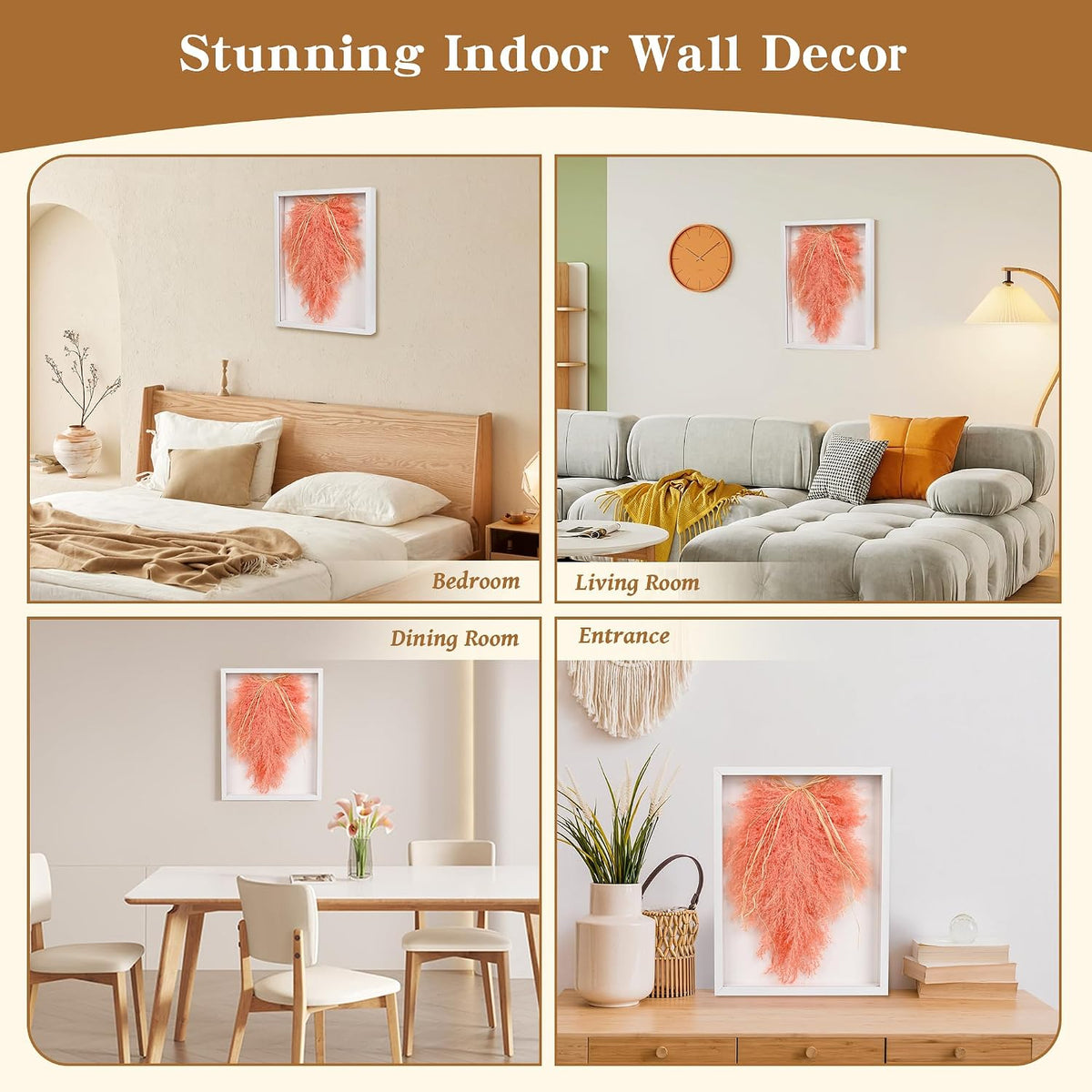 Pampas Grass Boho Wall Decor in 16’’ Frame – Framed Dried Flower Accent for Living Room, Entrance & Bedroom (Coral Red)