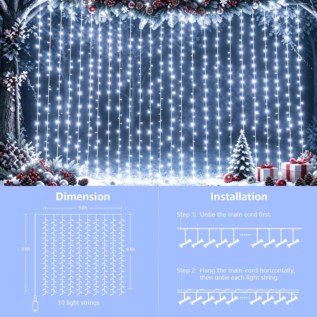 YEGUO 300 LED White Christmas Lights, Curtain Lights Plug in, 8 Modes Hanging String Lights for Bedroom Wall Window Backdrop Indoor Outdoor Party Xmas Decorations-9.8x9.8ft