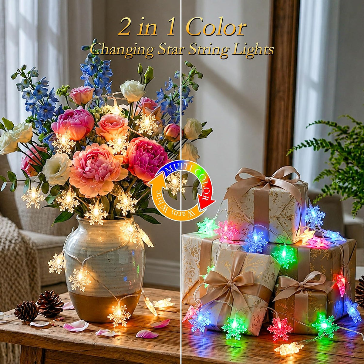 Christmas Snowflake String Lights USB 50FT 100 LED Warm White & Multicolor