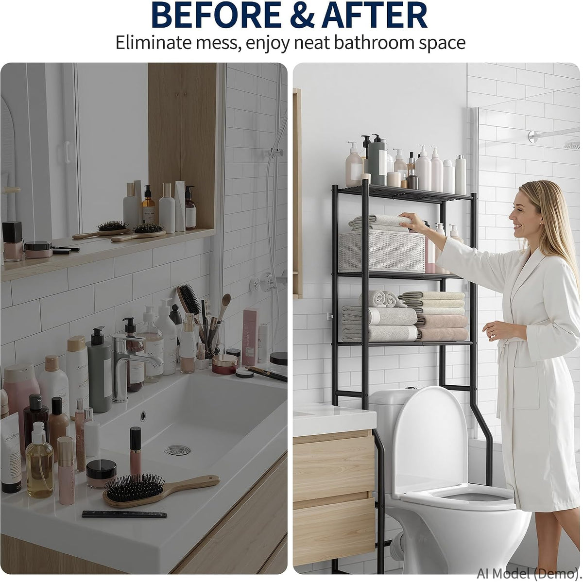 GloTika 3-Tier Over Toilet Storage Rack, Anti-Wobble, Black