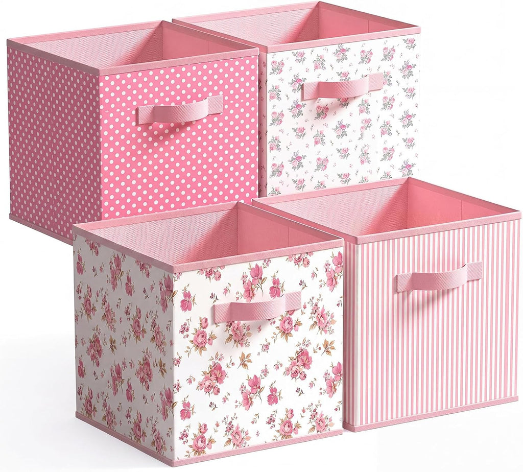 Marsui 4 Pcs Pink Flower Cube Storage Bins with Handle 11 Inch, Academic