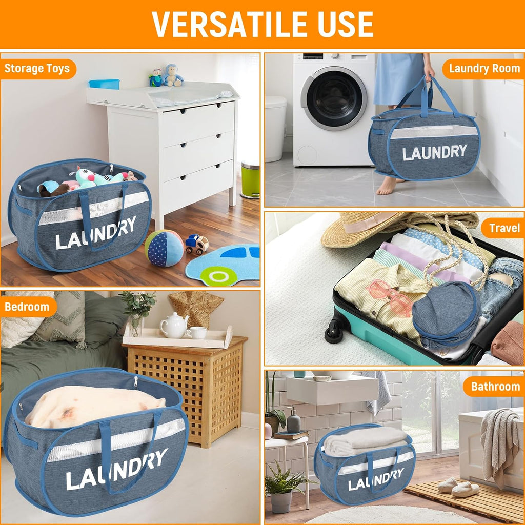 Collapsible Laundry Baskets with Lid, Foldable Clothes Hamper with Reinforced Handles, Sturdy Pop Up Hampers for Laundry, Tear Proof & Easy to Carry Laundry Hamper for Home, Dorm, Travel Blue