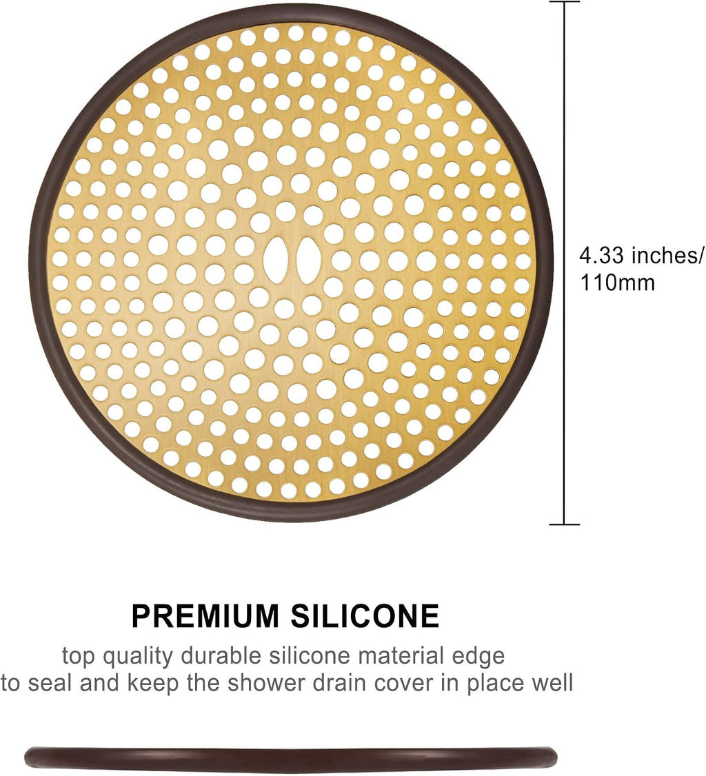 304 Stainless Steel Hair Catcher Shower Drain Cover with Silicone, Shower Stall Drain Strainer, Bathtub Hair Stopper, Bathroom Hair Trap Floor Drain Protector, Brushed Gold Brass 4.33 Inch Round Flat