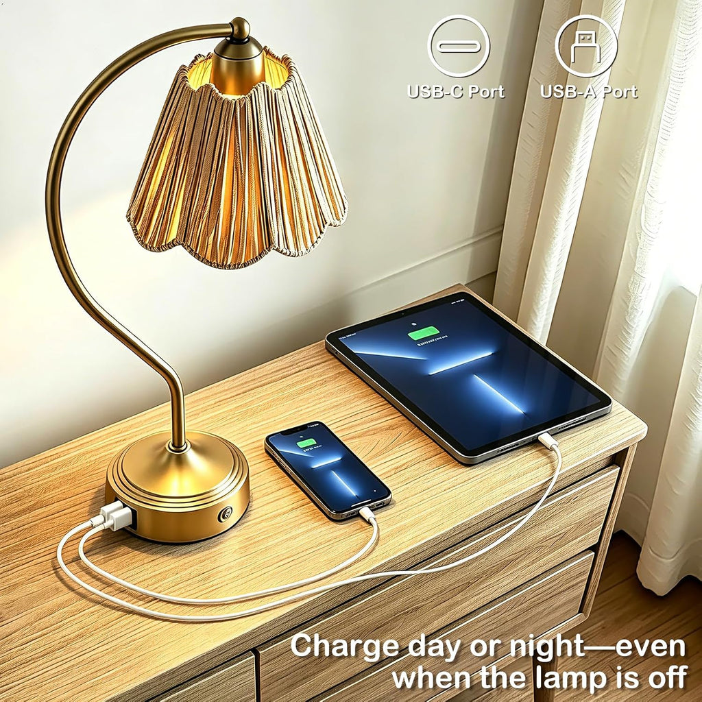 Set of 2 Boho Rattan Small Touch Table Lamps with USB C+A Ports