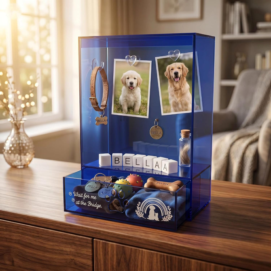 Pet Memorial Shadow Box, Modern Sapphire Blue Acrylic Memory Box for Dog & Cat Ashes, Keepsake Display Case for Photos, Collar & Paw Print, Pet Loss Sympathy Gift, 12.6 x 9.25x 4.7In