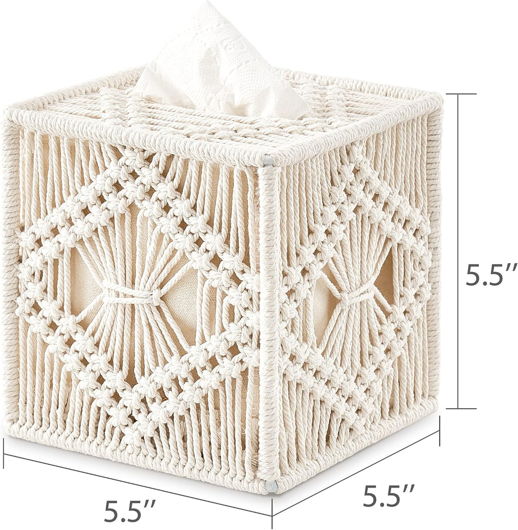 Mkono Tissue Box Cover Square, Boho Macrame Decor Open-Bottom Holder, Ivory